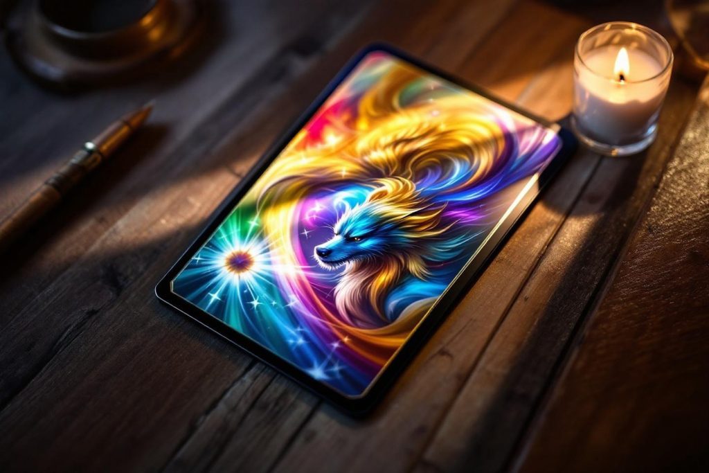 Écran lumineux montrant un loup coloré aux reflets mystiques