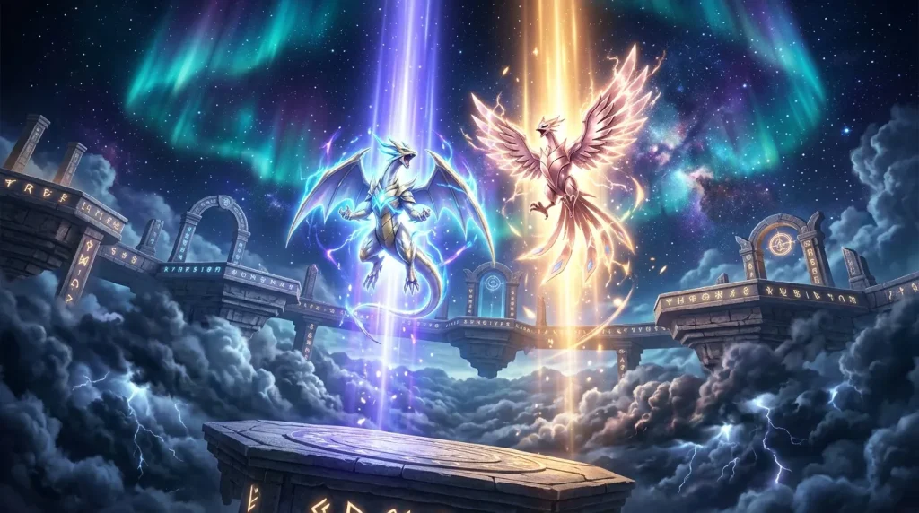 Deux créatures magiques s'affrontent dans le ciel étoilé