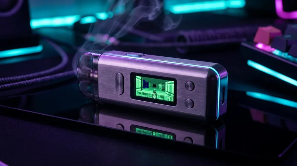 Dispositif portable argenté avec écran vert dans environnement néon