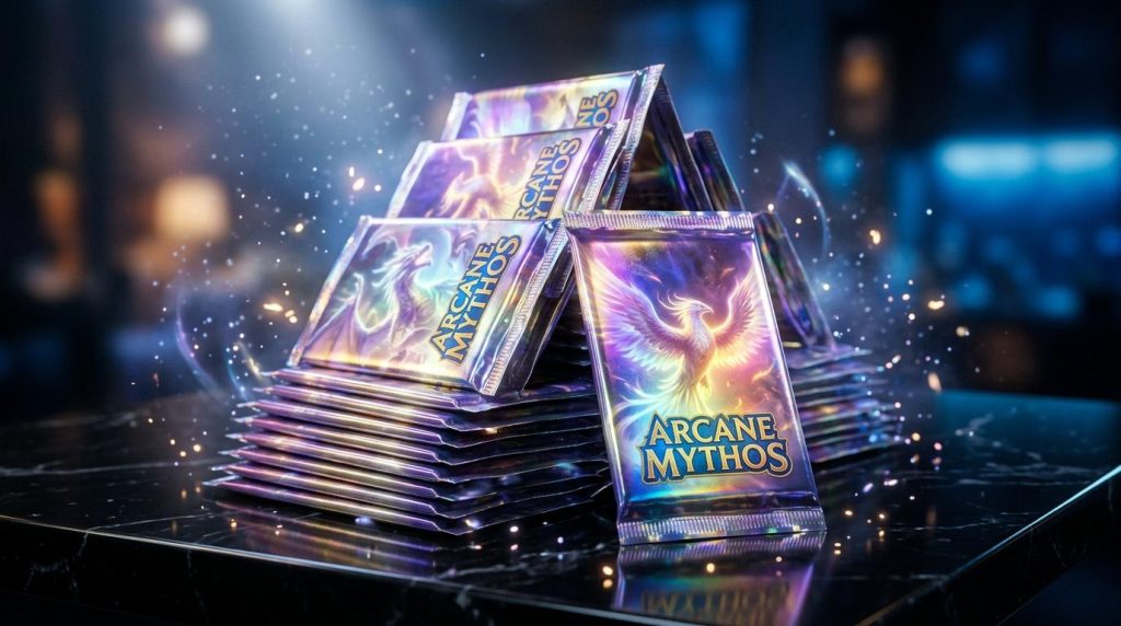 Paquets de cartes Arcane Mythos empilés avec effets lumineux magiques