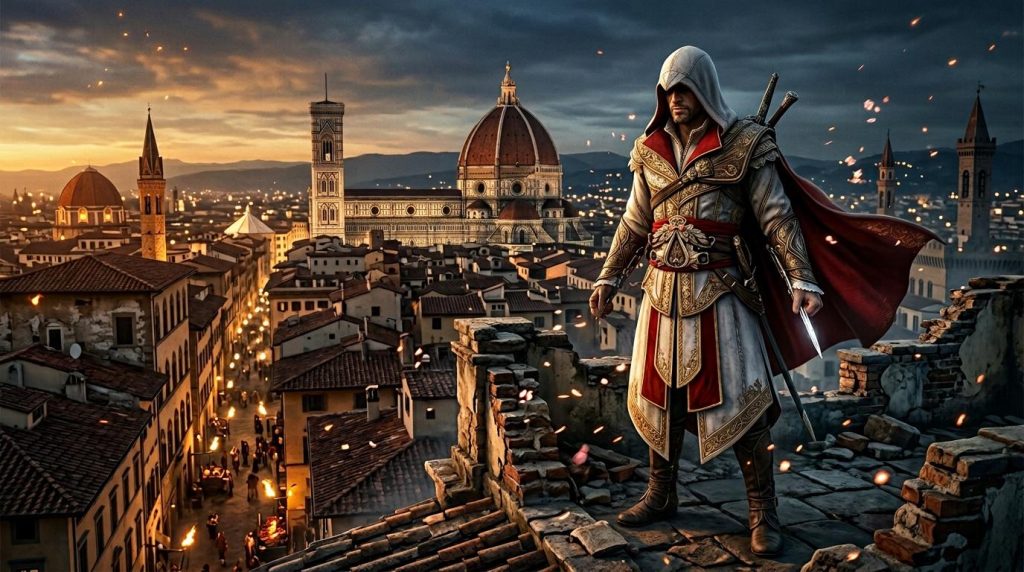 Guerrier médiéval armé surplombant Florence au coucher soleil