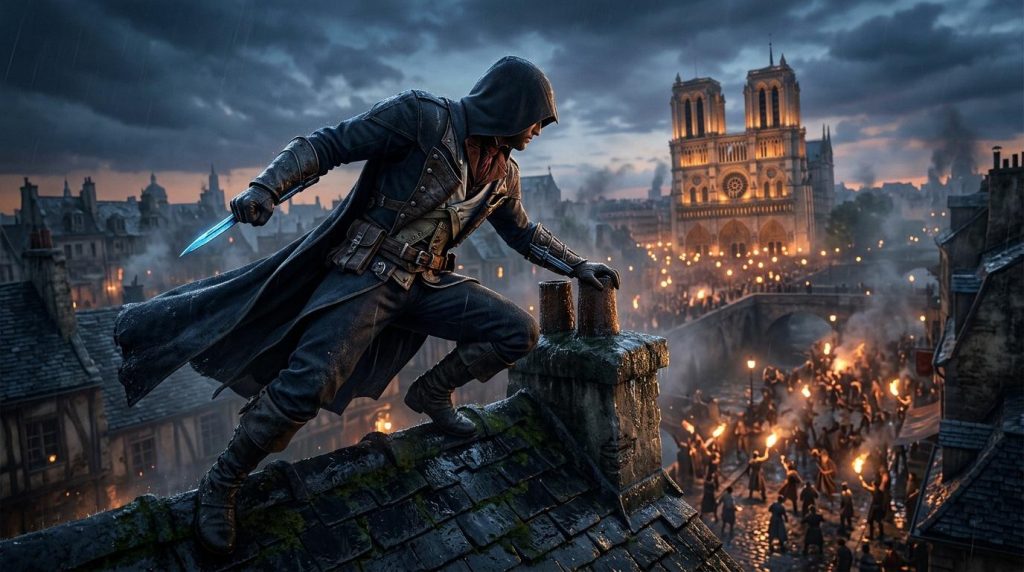 Assassin armé sur toiture parisienne, Notre-Dame illuminée arrière-plan