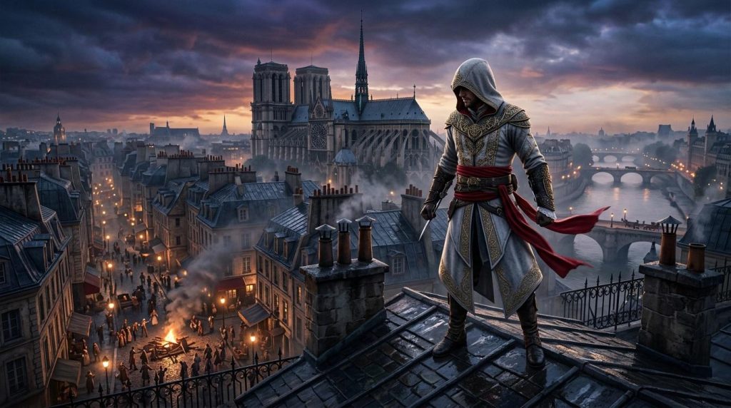 Assassin en costume blanc dominant Paris et Notre-Dame