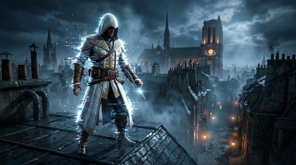 Guerrier blanc futuriste sur toit de cathédrale gothique