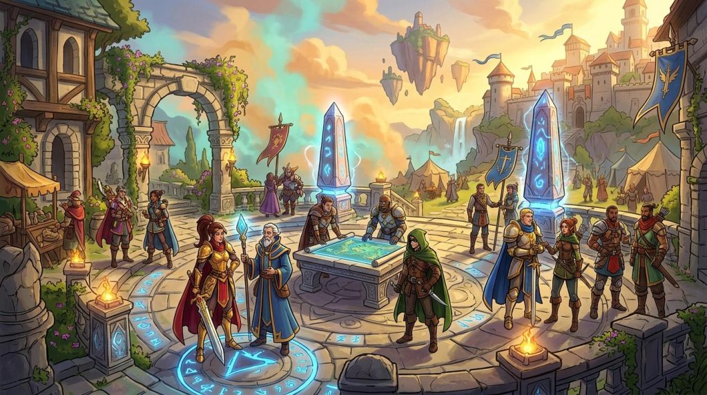 Guerriers et mages réunis autour d'une table magique