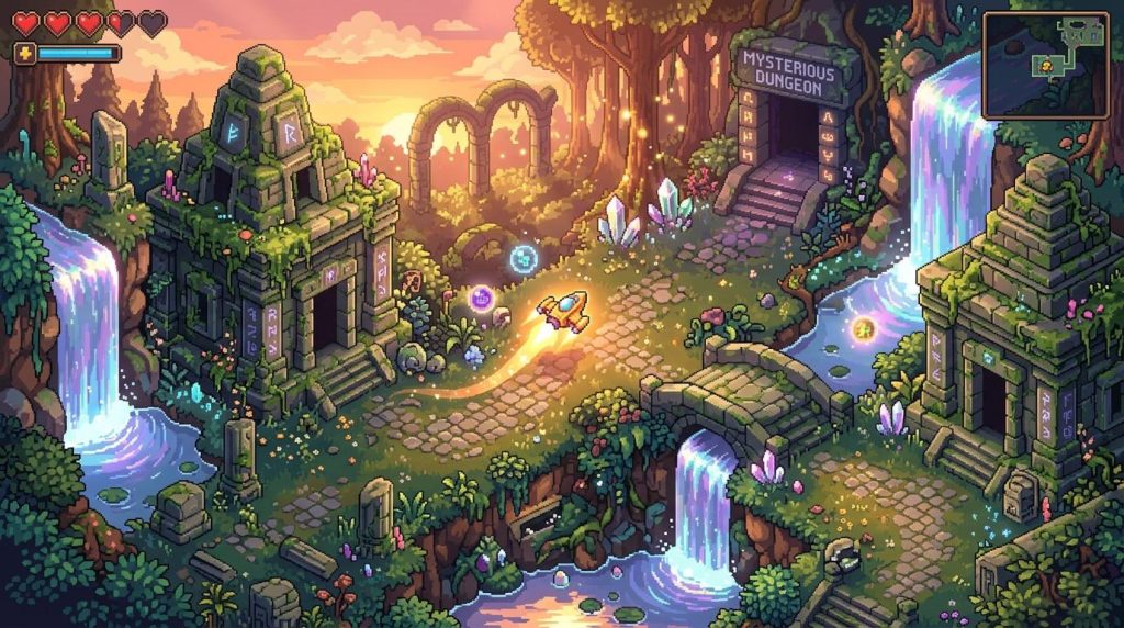 Héros pixel art explorant un donjon fantastique magique coloré.