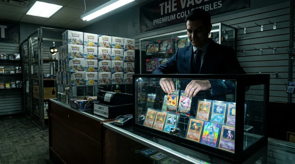 Vendeur présente cartes Pokémon rares en vitrine de collectibles