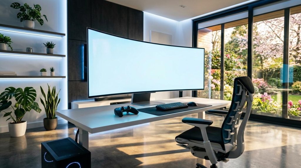 Espace bureau gaming contemporain avec écran large et vue jardin