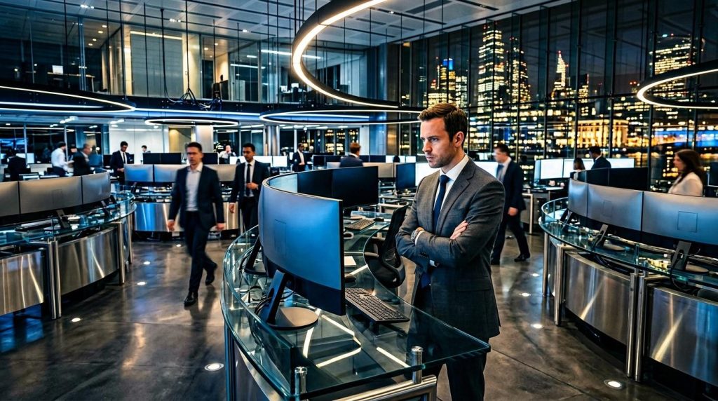 Homme d'affaires dans bureau high-tech avec gratte-ciel illuminés