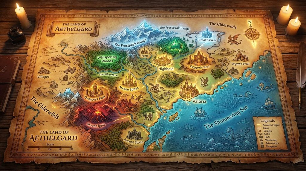 Carte de fantasy illustrée d'Aethelgard avec châteaux, montagnes et mers.