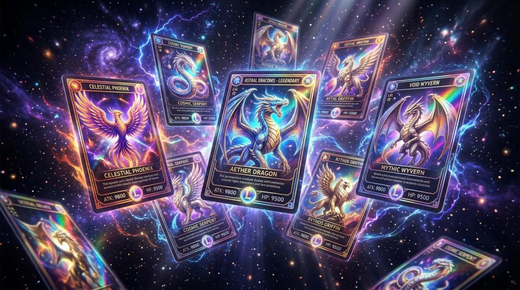 Collection de cartes de jeu avec dragons mythiques brillants dans l'espace