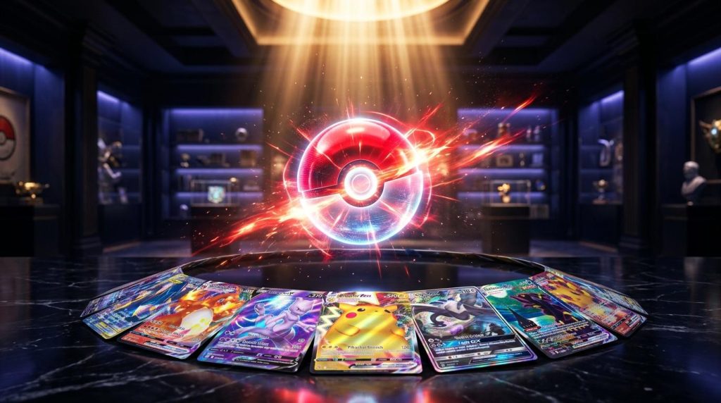 Cartes Pokémon disposées en arc avec orbe énergétique luminescent au centre