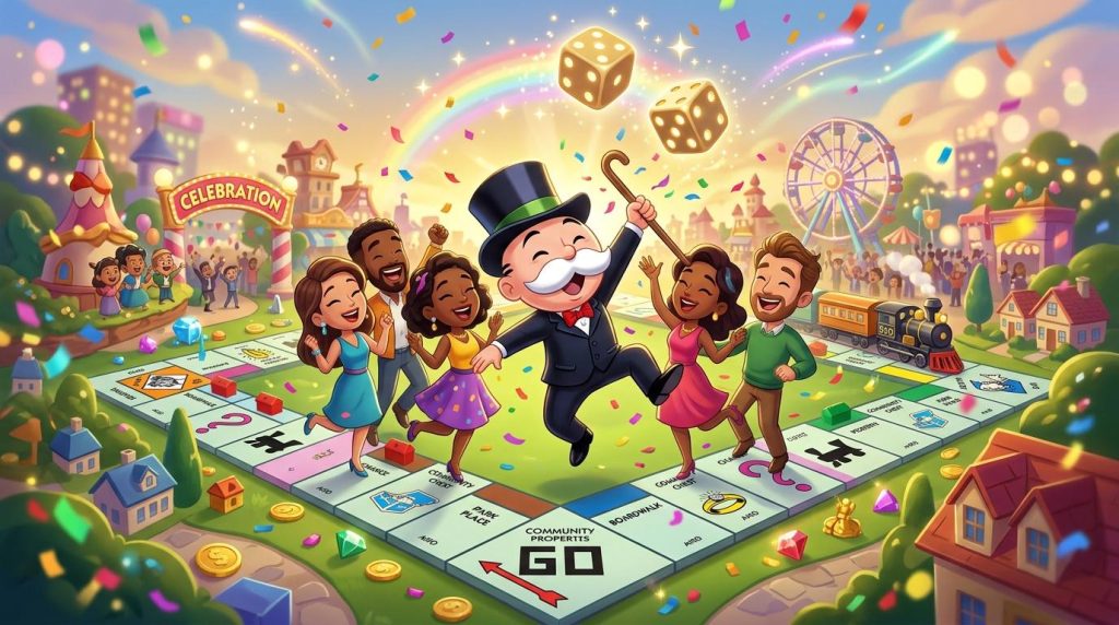 Personnages joyeux célébrant sur plateau Monopoly GO coloré