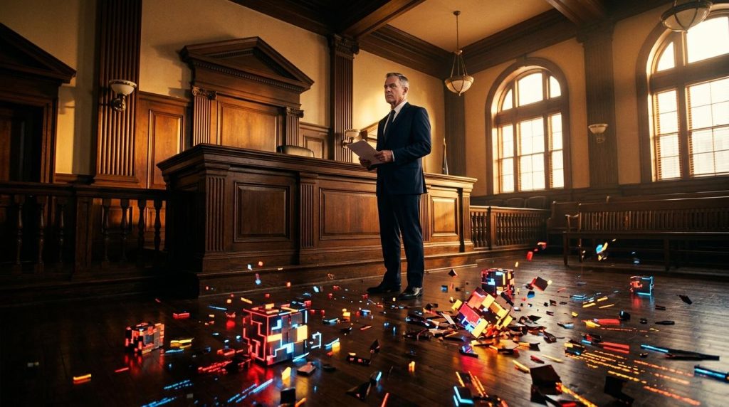 Homme en costume dans une salle d'audience entourée de débris numériques colorés