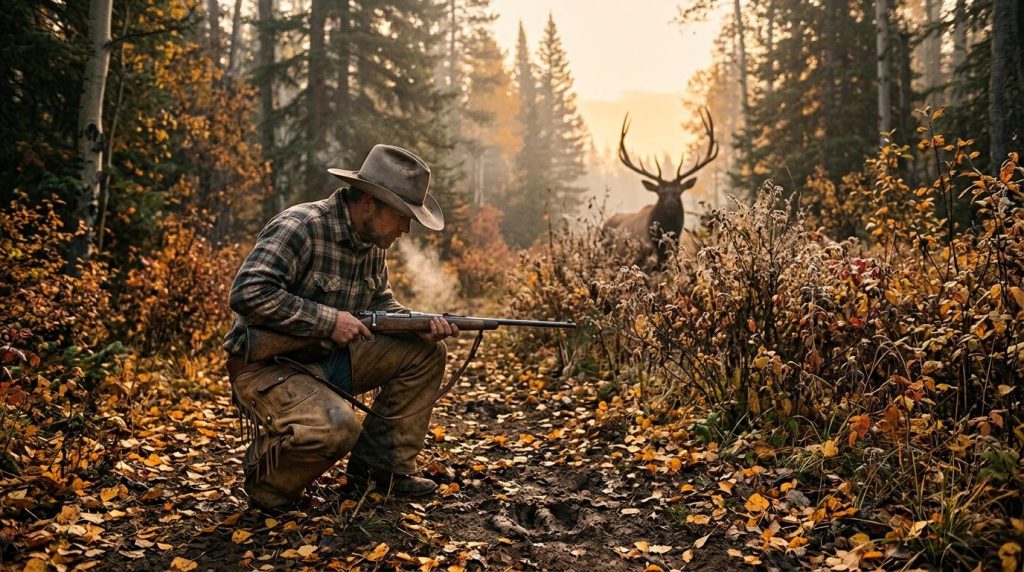 Chasseur armé croise un cerf dans forêt automnale