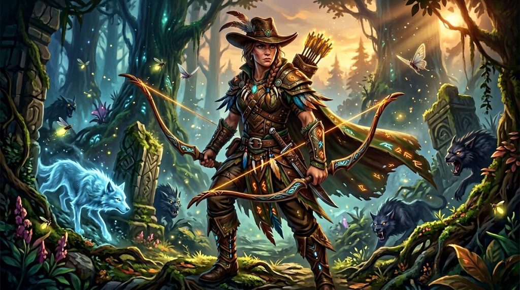 Archer fantastique avec arc magique dans forêt mystique