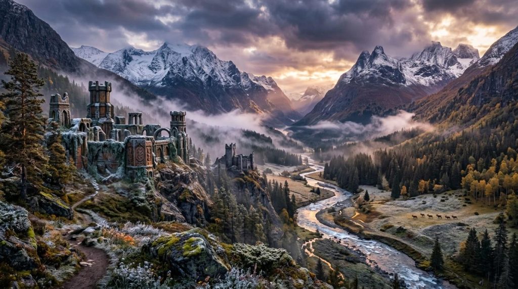 Deux châteaux médiévaux surplombant une vallée montagneuse avec rivière