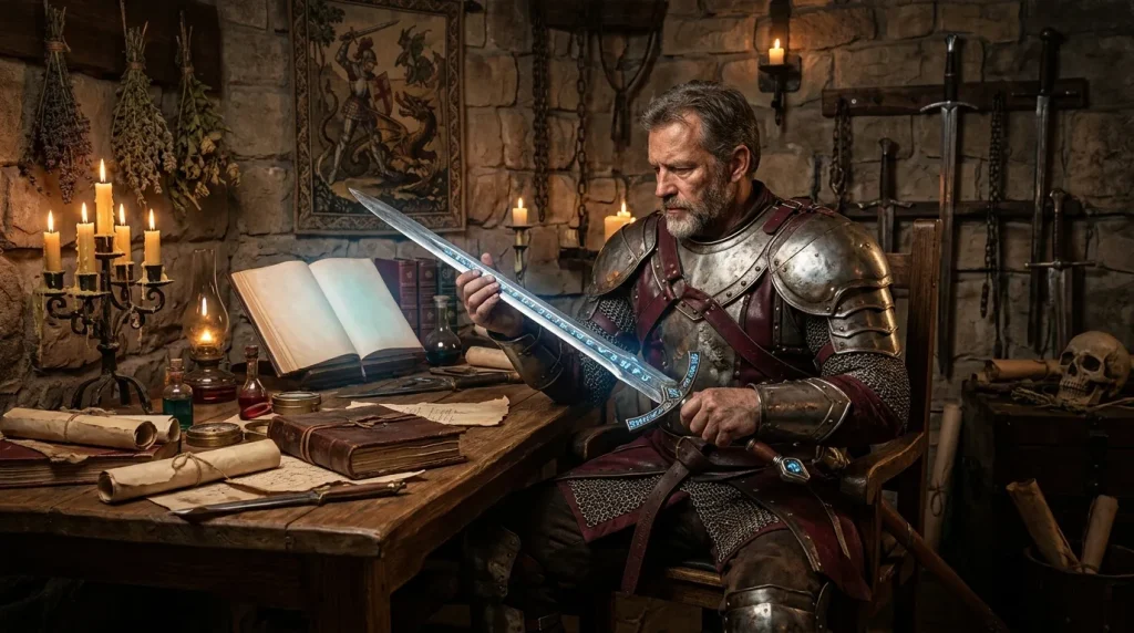 Guerrier en armure métal tenant épée dans château ancien