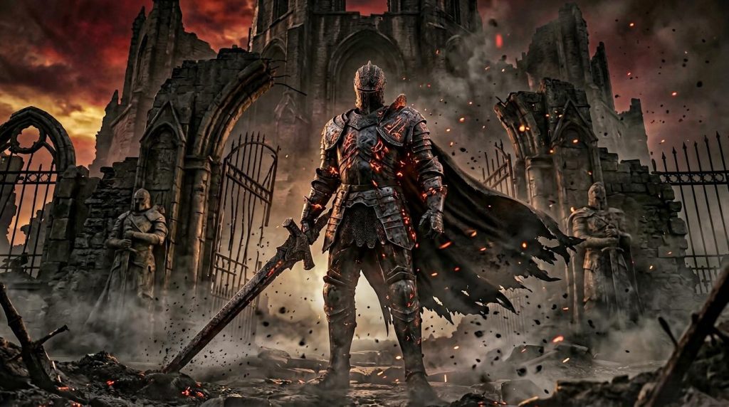 Guerrier en armure noire tenant une épée géante devant une cathédrale en ruines