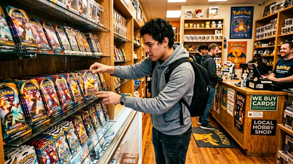 Jeune homme choisissant des cartes Pokémon en boutique spécialisée