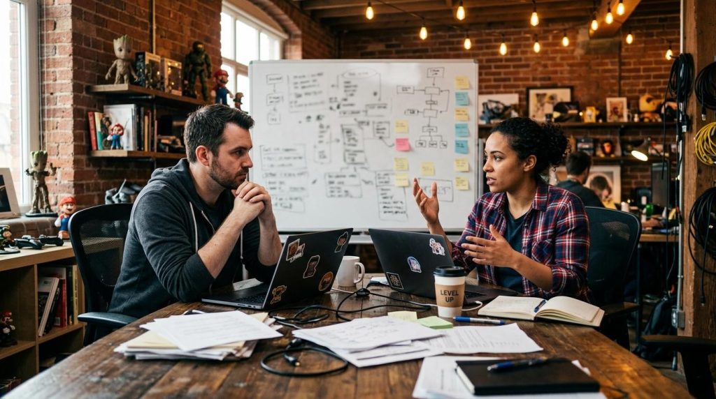 Deux développeurs discutent devant un tableau blanc de conception