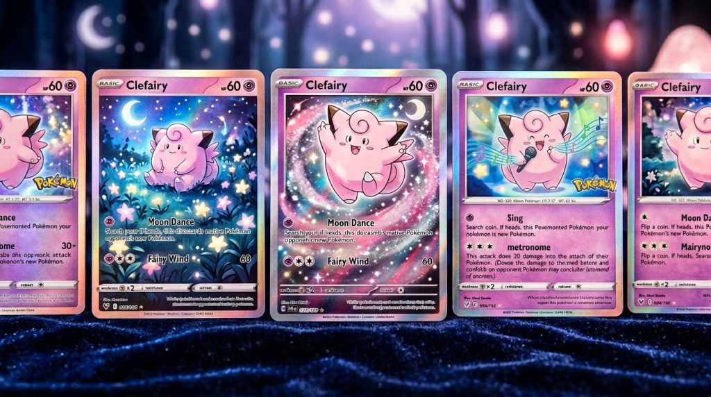 Plusieurs cartes Pokémon Clefairy brillantes et colorées alignées
