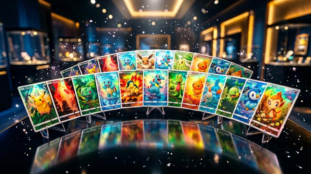 Cartes Pokémon colorées disposées en arc sur surface brillante