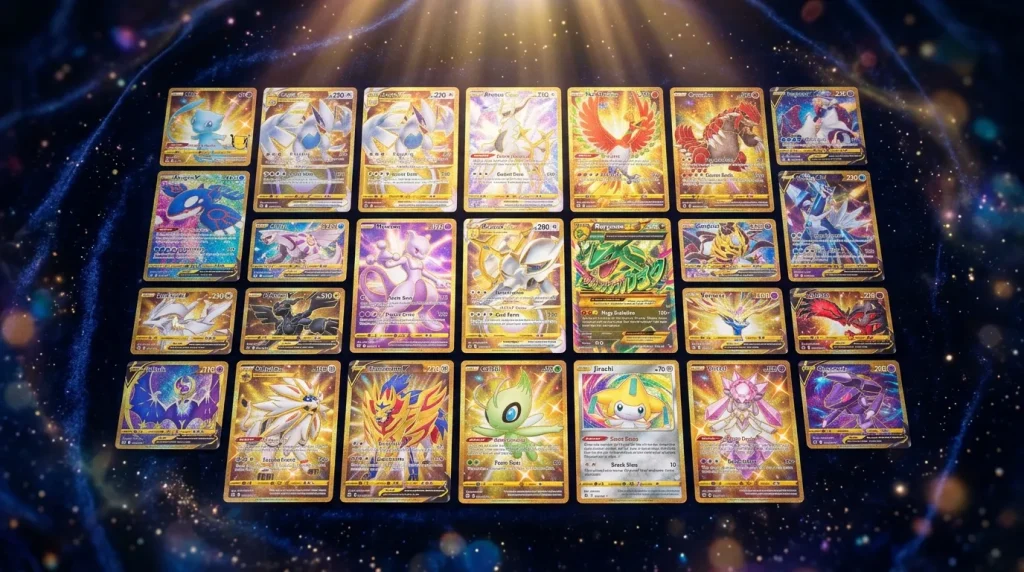Cartes Pokémon holographiques dorées et colorées alignées