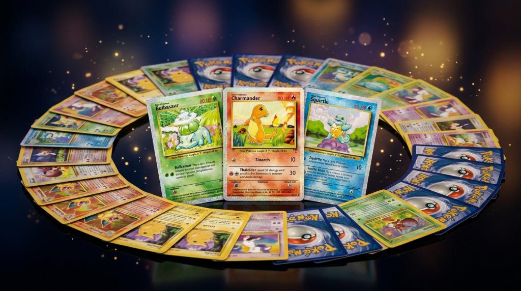 Cartes Pokémon classiques arrangées en cercle avec trois cartes en avant-plan