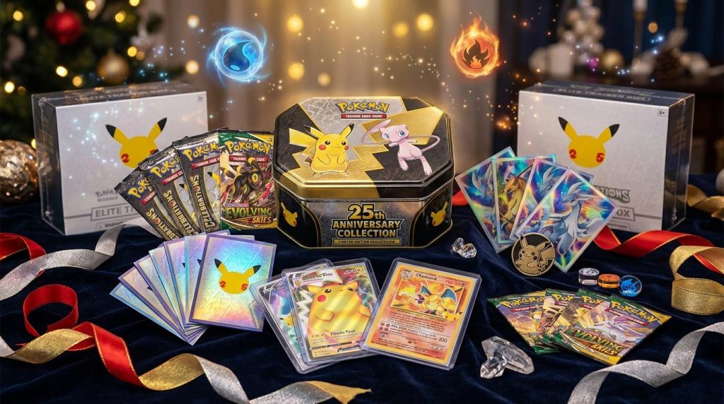 Coffret collector Pokémon avec cartes, boîtes et accessoires dorés.