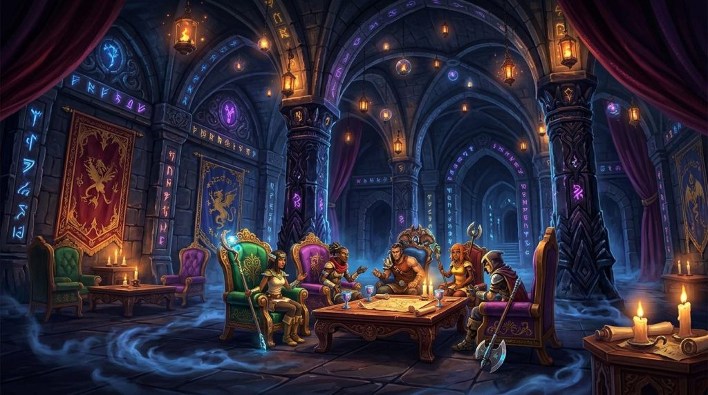 Groupe de guerriers réunis autour d'une table dans un château souterrain illuminé de runes magiques