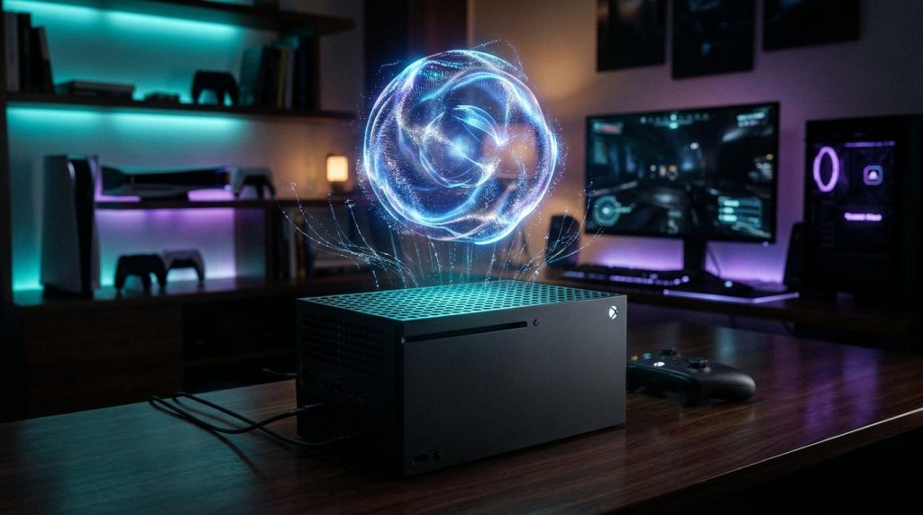 Console de jeu avec projection holographique bleue brillante