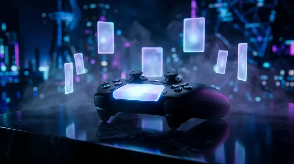Manette de jeu noire avec écran lumineux entourée de cartes virtuelles