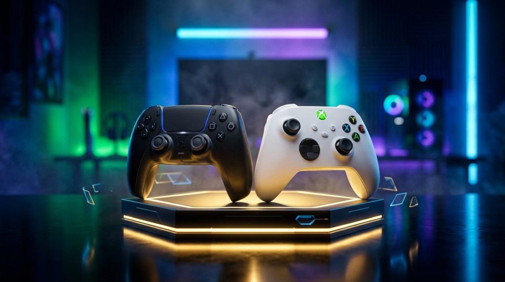 Deux manettes de jeu noir et blanc sur socle luminescent néon