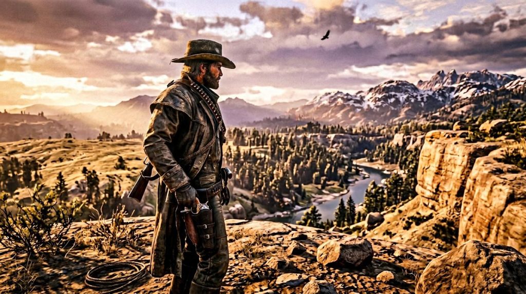 Cowboy en cuir observant vallée montagneuse avec rivière