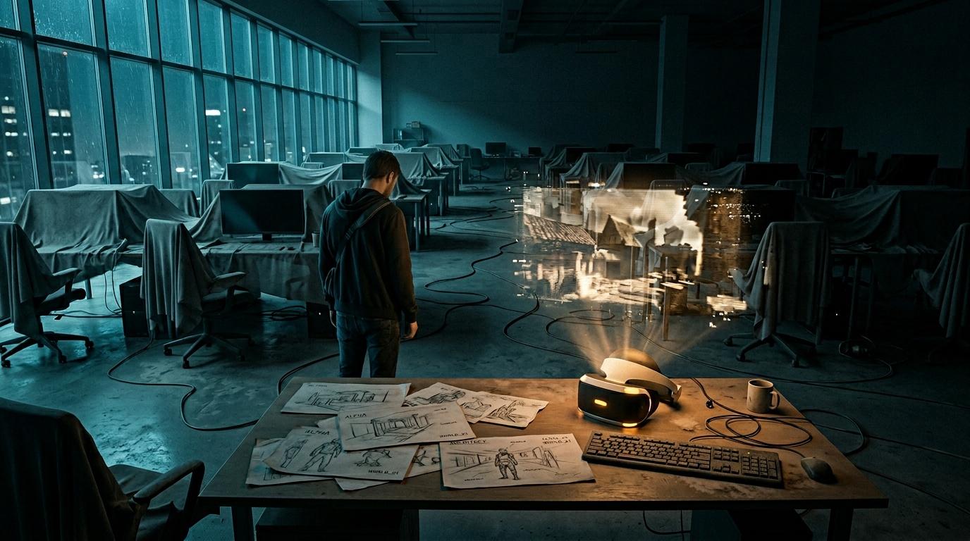 Développeur travaillant seul dans un bureau high-tech désert