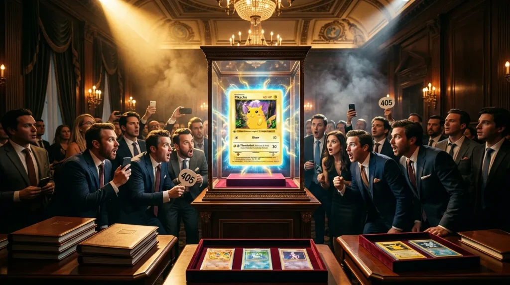 Enchérisseurs en costume admirant une carte Pikachu rare en vente aux enchères