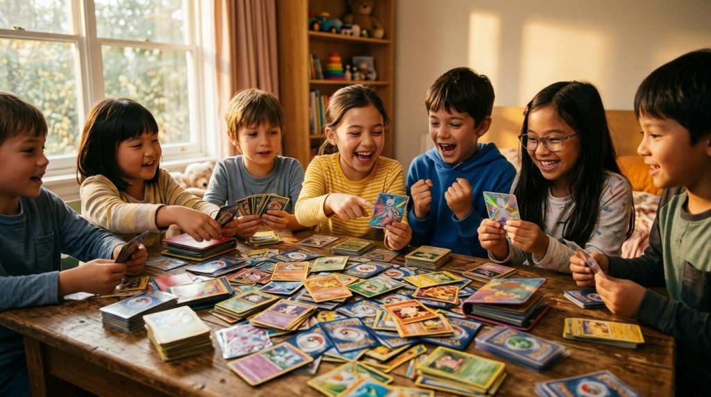 Groupe d'enfants heureux échangeant des cartes à collectionner à une table
