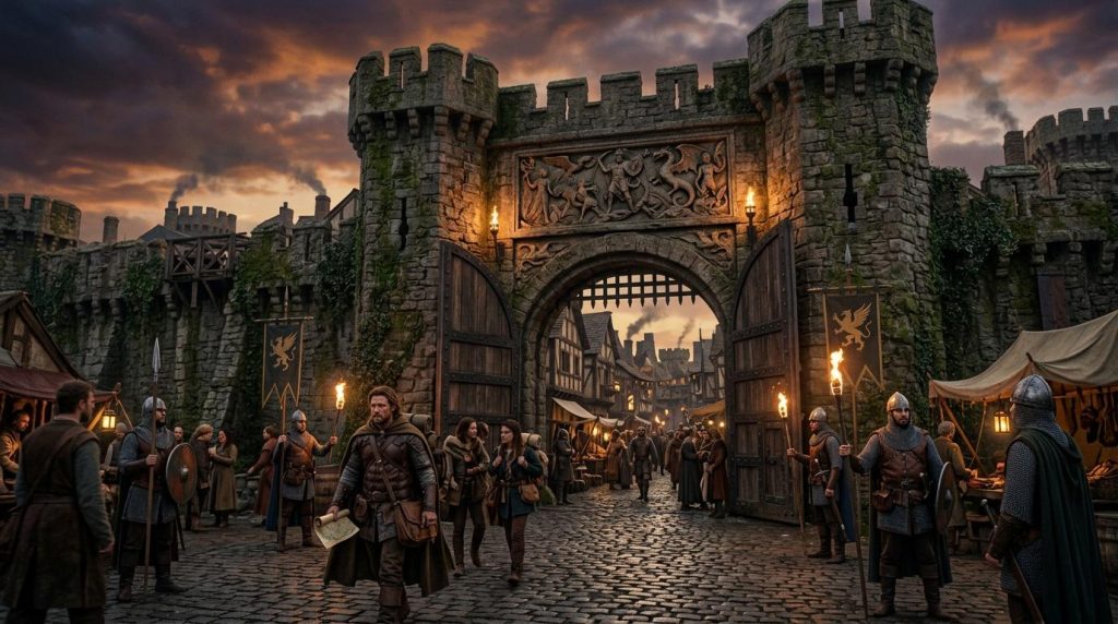 Foule médiévale devant portail de château fortifié au crépuscule