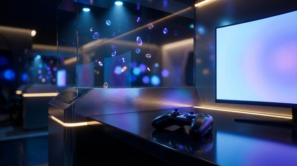 Manette de jeu sur bureau illuminé dans espace gaming ultramoderne