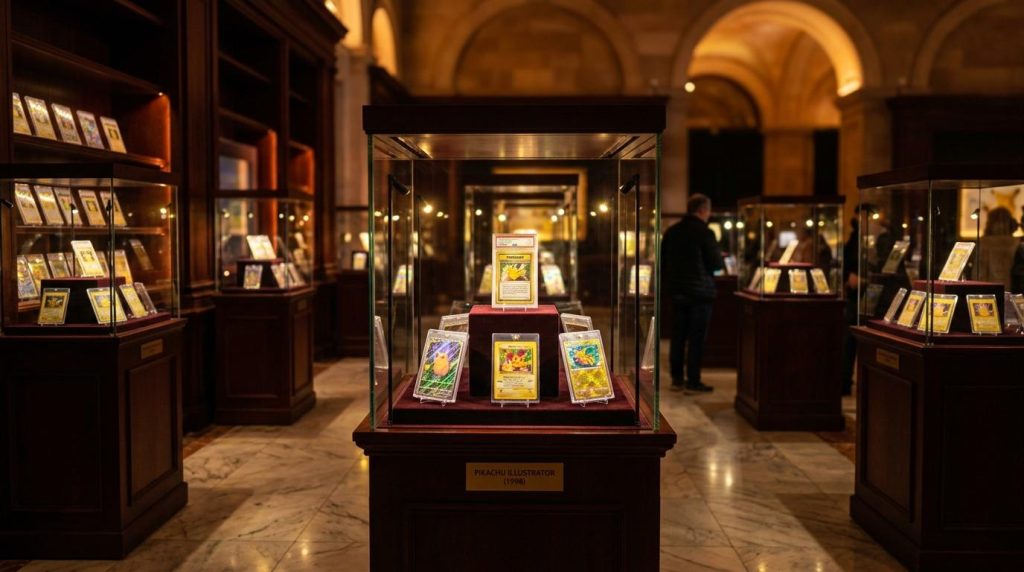 Cartes Pokémon Pikachu illustrateur exposées en vitrine musée