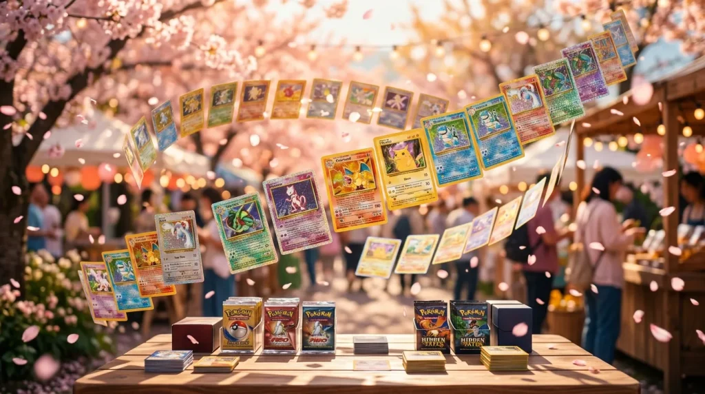 Cartes Pokémon volantes, cerisiers en fleurs, festival japonais