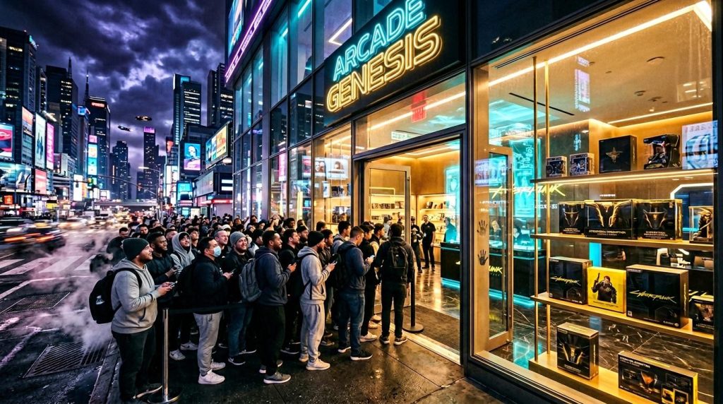 Foule attendant devant magasin Arcade Genesis illuminé la nuit