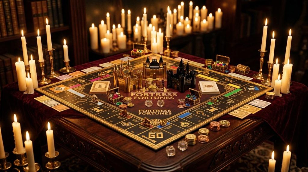 Jeu de société luxueux avec bougies dorées et châteaux miniatures.