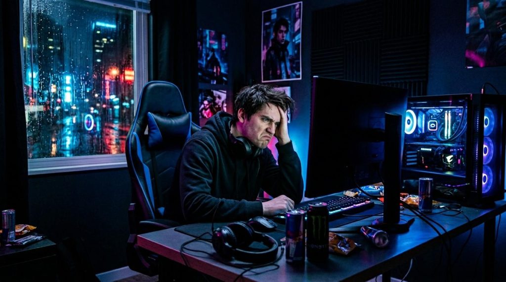 Jeune homme frustré à son bureau gamer illuminé neon