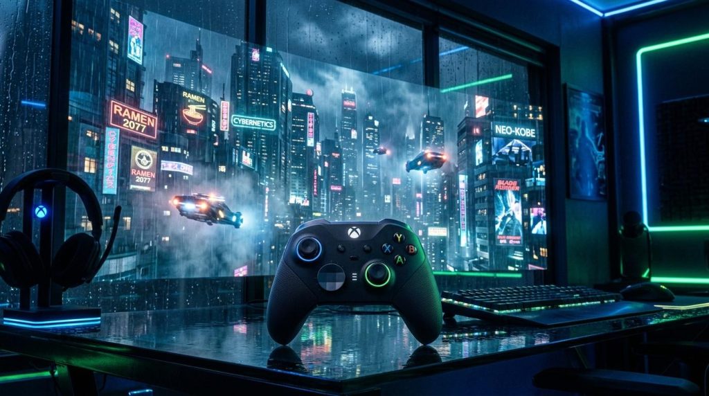 Contrôleur Xbox dans un setup gaming néon cyberpunk