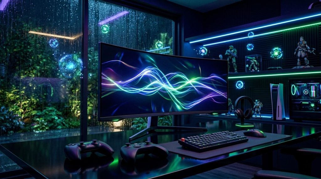 Bureau gaming avec écran ultrawide, contrôleurs et ambiance néon.