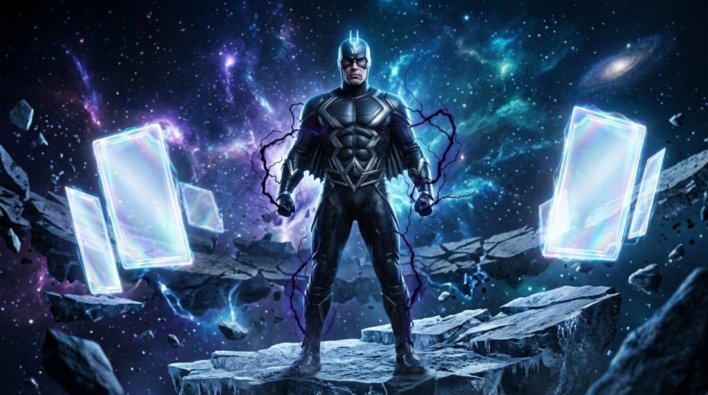 Superhéros en armure noire avec énergie électrique bleue cosmique