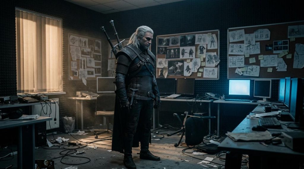 Homme vêtu d'armure médiévale dans un bureau désaffecté