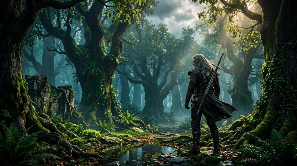 Guerrier blanc armé dans une forêt mystique luxuriante